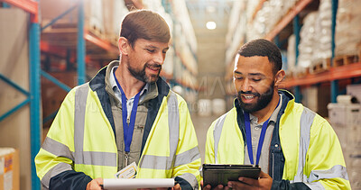 Buy stock photo Logistics, men or discussion with tablet in warehouse for quality control, supply chain or shipping. Engineers, teamwork and digital app for delivery tracking, stock management and cargo inspection