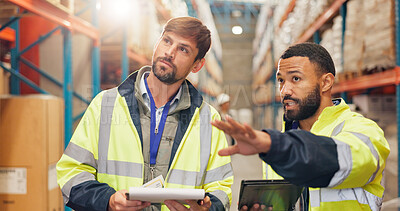 Buy stock photo Logistics, people or discussion with tablet in warehouse for quality control, supply chain or cargo. Engineers, pointing and checklist for delivery tracking, stock management and freight inspection