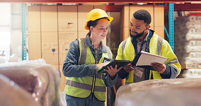 Buy stock photo Supply chain, team and people on tablet in warehouse for online inventory, checklist and inspection. Manufacturing, logistics and man with woman on tech for collaboration, shipping and planning