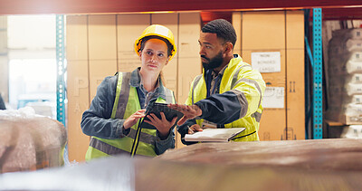 Buy stock photo Supply chain, meeting and people on tablet in warehouse for online inventory, checklist and inspection. Manufacturing, logistics and man with woman on tech for collaboration, shipping and planning