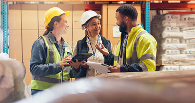 Buy stock photo Supply chain, team and people on tablet in warehouse for online inventory, checklist and inspection. Manufacturing, logistics and boss on tech with workers for collaboration, shipping and planning