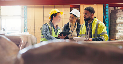 Buy stock photo Construction, team and people on tablet in warehouse for online inventory, checklist and inspection. Supply chain, logistics and boss on tech with workers for collaboration, shipping and planning
