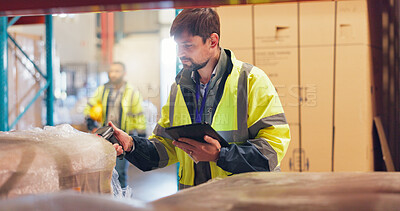 Buy stock photo Tablet, logistics and scanner with man in warehouse for quality control, supply chain and cargo. Shipping schedule, delivery and export with person for storage supervisor and digital inventory