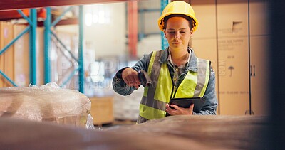 Buy stock photo Tablet, cargo and scanner with man in warehouse for quality control, supply chain and logistics. Shipping schedule, delivery and export with person for storage supervisor and digital inventory