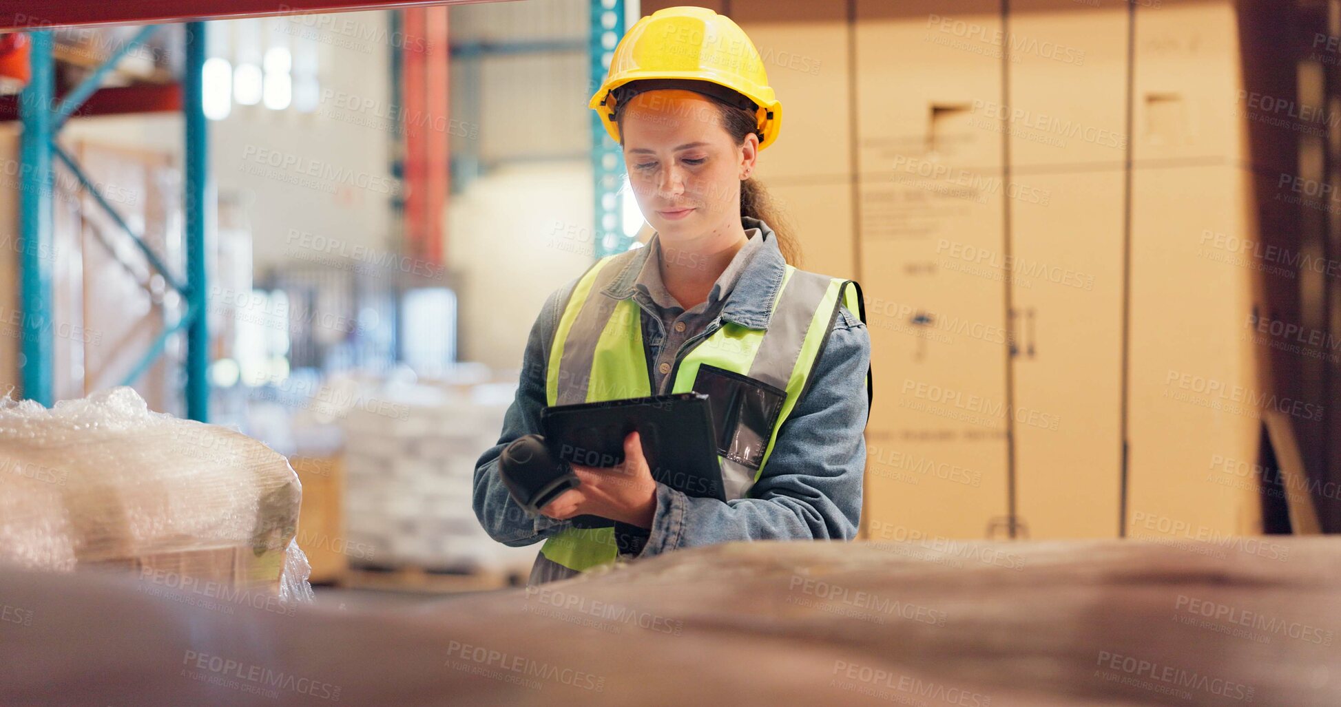 Buy stock photo Tablet, logistics and search with woman in warehouse for quality control, supply chain and cargo. Shipping schedule, delivery and export with person for storage supervisor and digital inventory