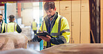 Tablet, logistics and scroll with man in warehouse for quality control, supply chain and cargo. Shipping schedule, delivery and export with person for storage supervisor and digital inventory