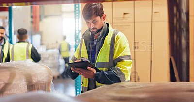 Buy stock photo Tablet, logistics and scroll with man in warehouse for quality control, supply chain and cargo. Shipping schedule, delivery and export with person for storage supervisor and digital inventory