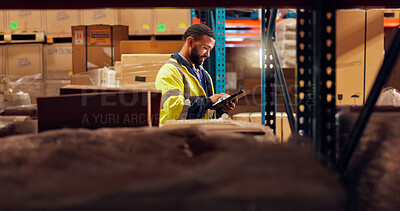Buy stock photo Tablet, logistics and reading with man in warehouse for quality control, supply chain and cargo. Shipping schedule, delivery and export with person for storage supervisor and digital inventory