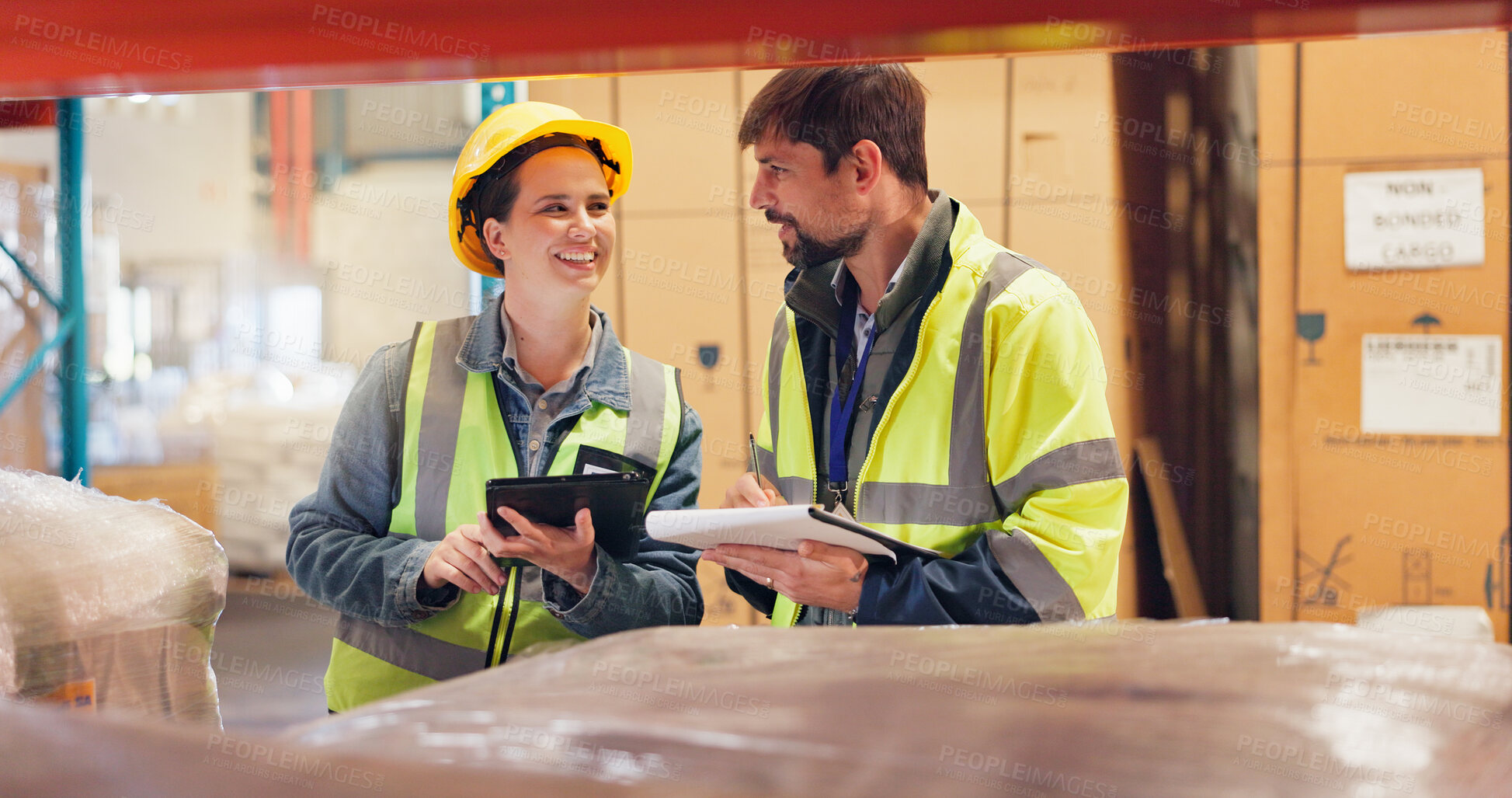 Buy stock photo Happy people, contractor and team with tablet in warehouse for supply chain, logistics or inventory. Man, woman or distributor with smile, technology or checklist for stock control or cargo storage