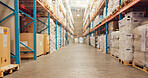Empty, warehouse and cargo with shipment for freight, storage facility or inventory space. Shelves, packages or supply chain aisle for shipping or stock of export and import goods for logistics