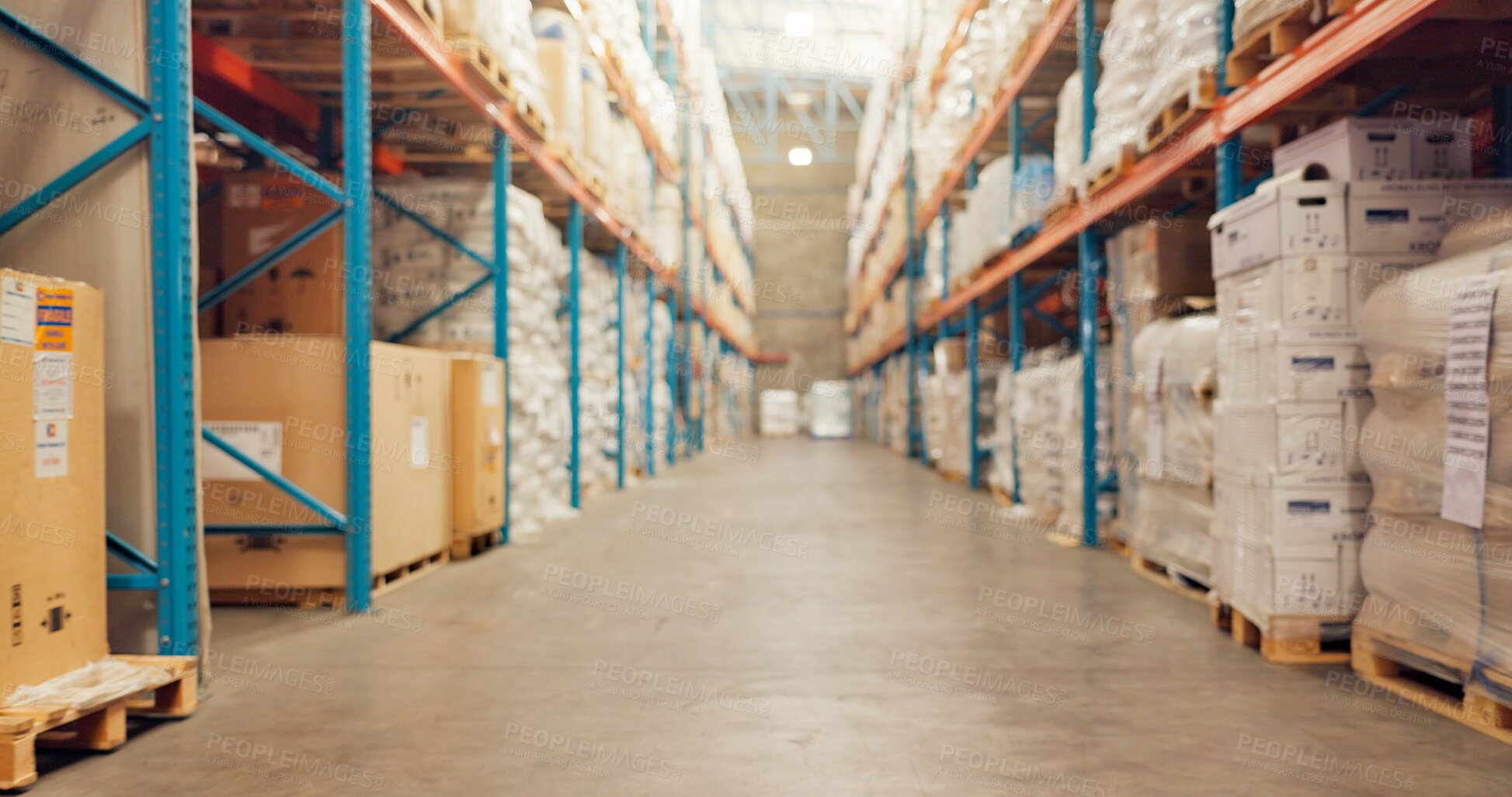 Buy stock photo Empty, warehouse and cargo with shipment for freight, storage facility or inventory space. Shelves, packages or supply chain aisle for shipping or stock of export and import goods for logistics