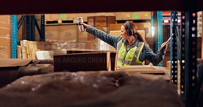 Buy stock photo Happy woman, contractor and dancing with headphones in warehouse for logistics, music or inventory. Female person, energy and distributor in facility with coffee, playlist or songs at storage depot