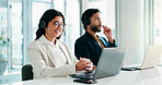Woman, call center and laptop with communication for customer service, coworking and talk with client. Discussion, contact us and female consultant with colleague by pc for CRM, inbound or help desk