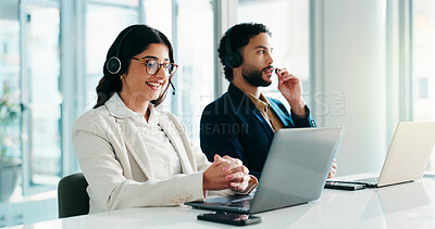 Buy stock photo Woman, call center and laptop with communication for customer service, coworking and talk with client. Discussion, contact us and female consultant with colleague by PC for CRM, inbound or help desk