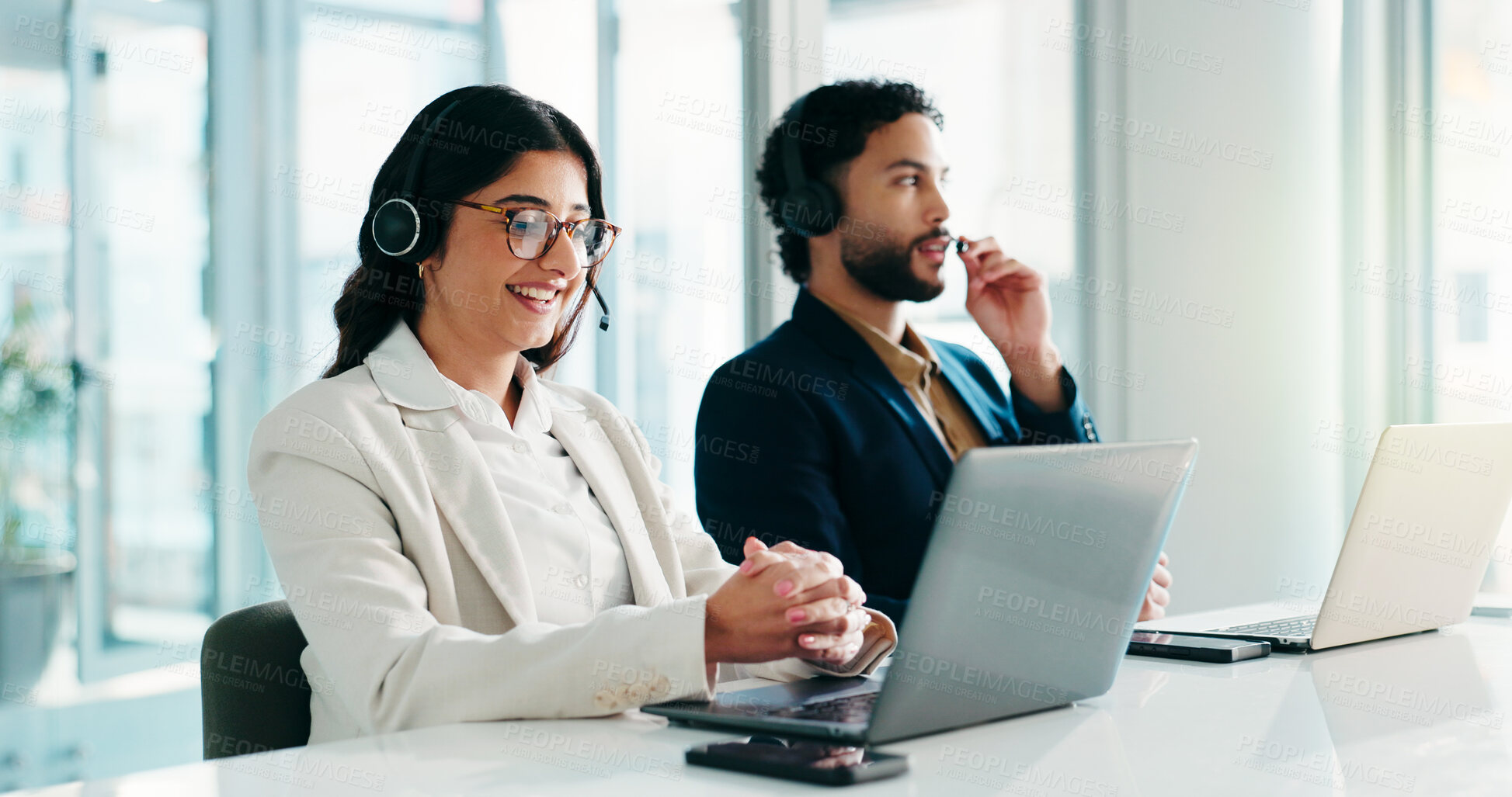 Buy stock photo Business woman, call center and laptop with communication for customer service, coworking and talk with client. Discussion, contact us and consultant with colleague by PC for CRM, inbound or help