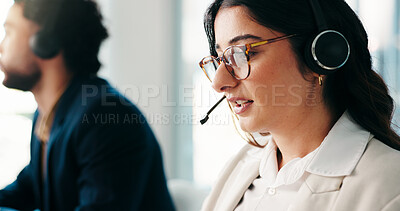 Buy stock photo Business, woman and headset at call centre in office for customer service, FAQ and assistance. Female agent, coworking and mic for consultation, online advice and solution procedure with tech support