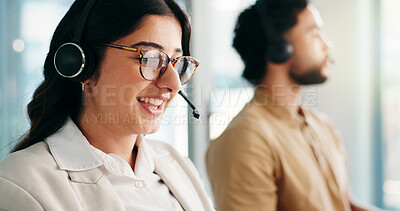 Buy stock photo CRM, solution or happy woman in call center for consulting, communication or loan advice. Virtual assistant, coworking or FAQ in online customer service for help, financial inquiry or credit limit