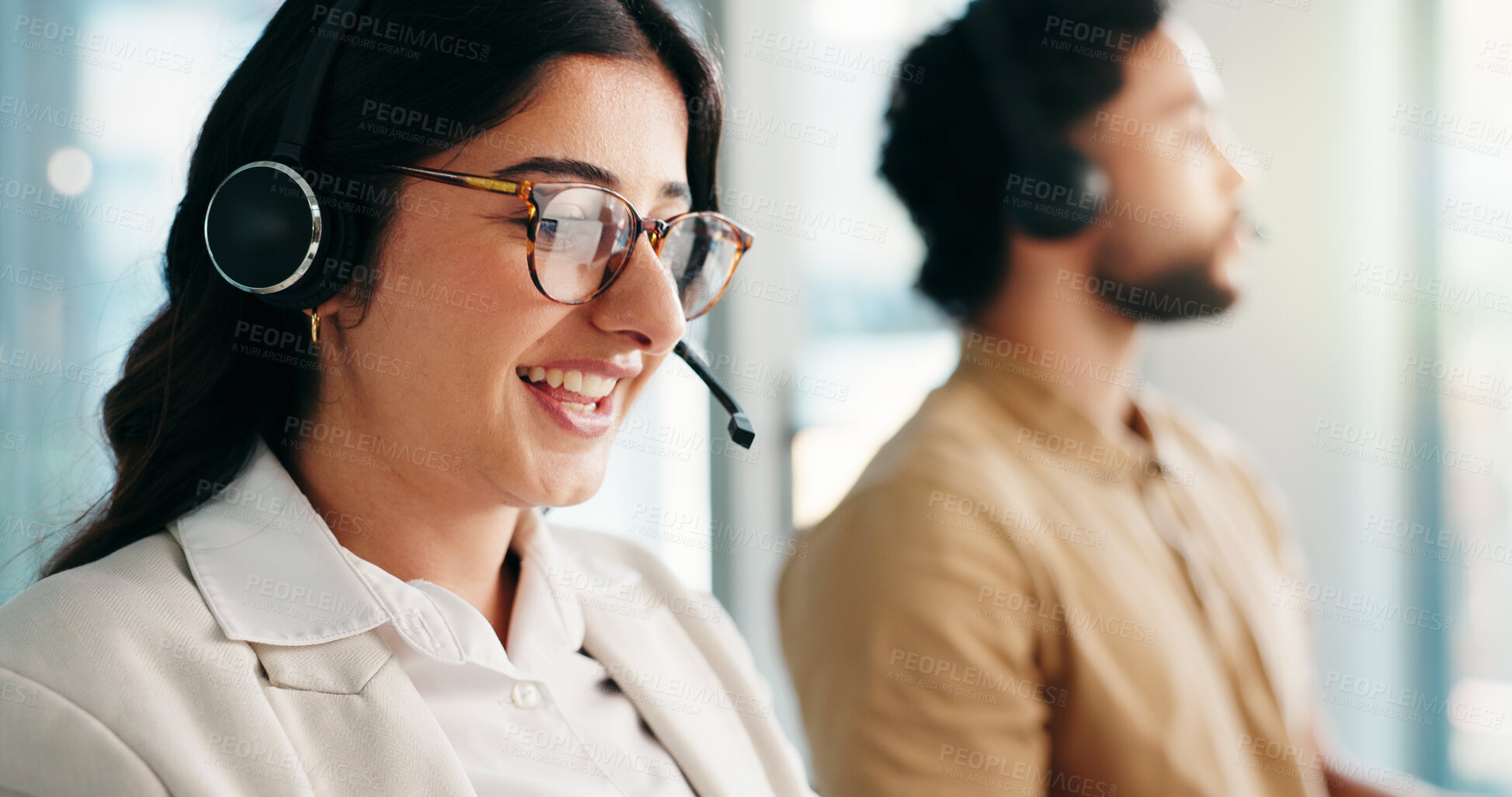 Buy stock photo CRM, solution or happy woman in call center for consulting, communication or loan advice. Virtual assistant, coworking or FAQ in online customer service for help, financial inquiry or credit limit