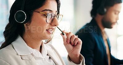 Buy stock photo Call center, mic or woman with customer service communication, consulting or loan advice. Virtual assistant, financial advisor or finance help with agent for feedback, online inquiry or credit limit