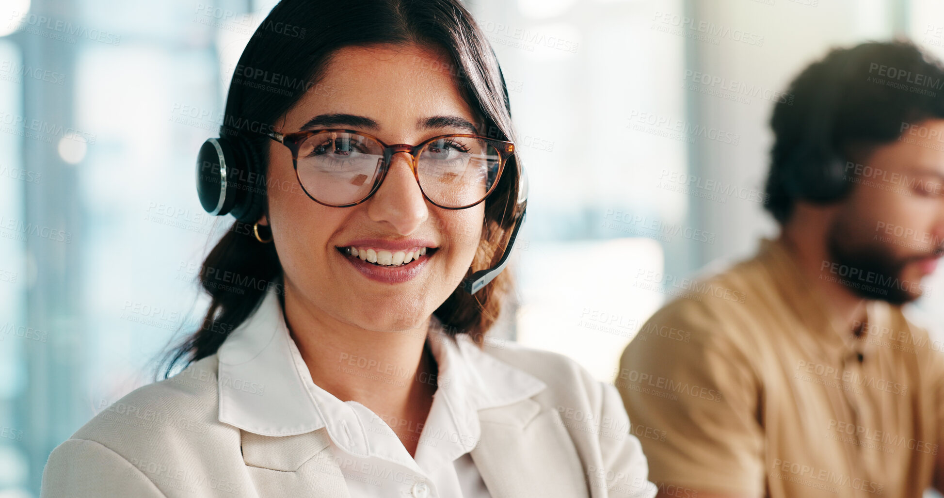 Buy stock photo CRM, portrait or happy woman in call center for consulting, communication or loan advice. Virtual assistant, coworking or agent in online customer service for help, financial inquiry or credit limit