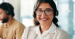 CRM, portrait or happy woman in call center for questions, communication or loan advice. Virtual assistant, coworking or proud agent in customer service for help, financial inquiry or credit limit