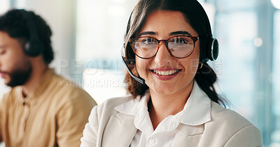 Buy stock photo CRM, portrait or happy woman in call center for questions, communication or loan advice. Virtual assistant, coworking or proud agent in customer service for help, financial inquiry or credit limit