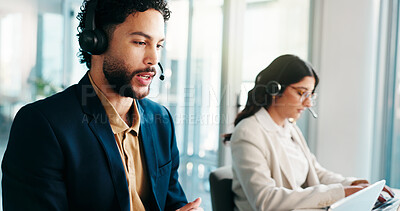 Buy stock photo Call center, consulting and business man on laptop for debt collection, loan or coworking. Agent, speaking and communication with headset for financial credit, account balance or payment reminder