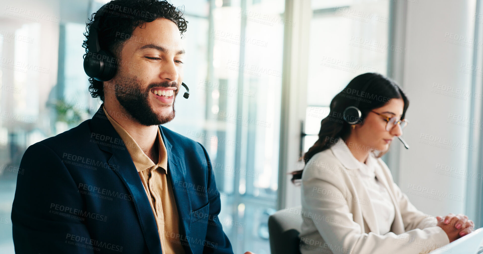 Buy stock photo Business, man and laptop at call centre in office for customer service, FAQ and assistance. Male agent, coworking and headset for consultation, online advice and solution procedure with tech support