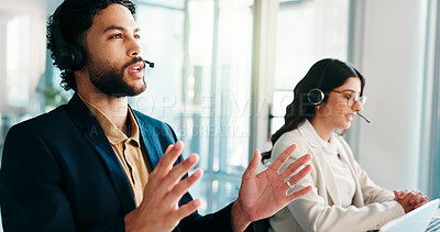 Buy stock photo Business, man and explain with headset at call centre for customer service, problem solving and CRM. Thinking, agent and coworking for solution, online advice and procedure for tech support in office