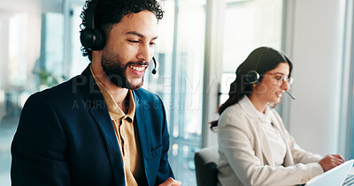 Buy stock photo Solution, laptop or happy man in call center for consulting, communication or loan advice. Virtual assistant, coworking or FAQ in online customer service for help, financial inquiry or credit limit