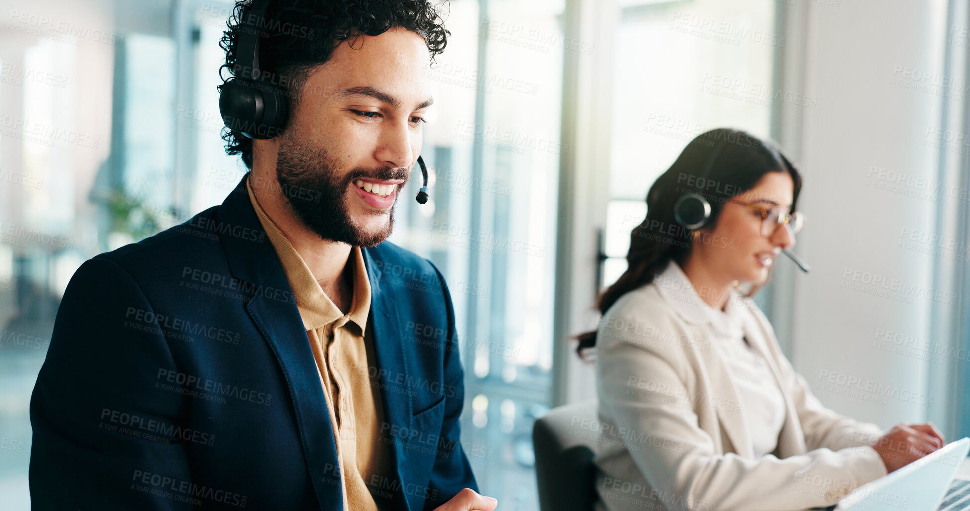 Buy stock photo Solution, laptop or happy man in call center for consulting, communication or loan advice. Virtual assistant, coworking or FAQ in online customer service for help, financial inquiry or credit limit
