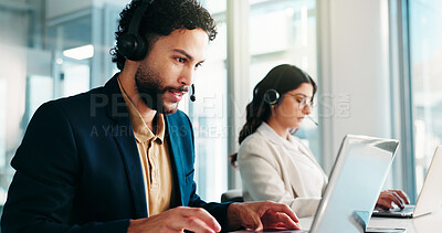 Buy stock photo Business, man and laptop with headset at call centre for customer service, information and crm. Male agent, coworking and pc with consultation, online feedback and procedure of tech support in office