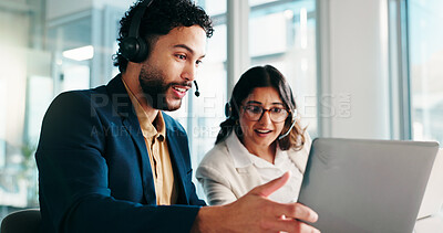 Buy stock photo Happy, team and customer service with laptop, call center or excited for lead generation on website. Winner, representative and people with headset for telemarketing, success and review of sales
