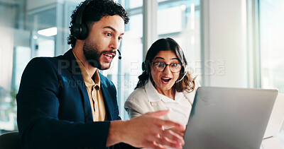 Buy stock photo Wow, team and customer service with laptop, call center and surprised by lead generation on website. Shocked, representative and people with headset for telemarketing, success and review of sales