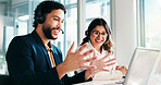 Excited, team and customer service with laptop, call center or happy for lead generation on website. Winner, representative and people with headset for telemarketing, success and review of sales