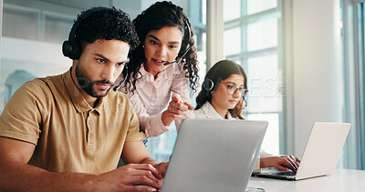 Buy stock photo Laptop, call center and training with mentor for help, sales assistance or advice with people. Computer, contact us and coaching intern for telemarketing, feedback and lead generation tips with team