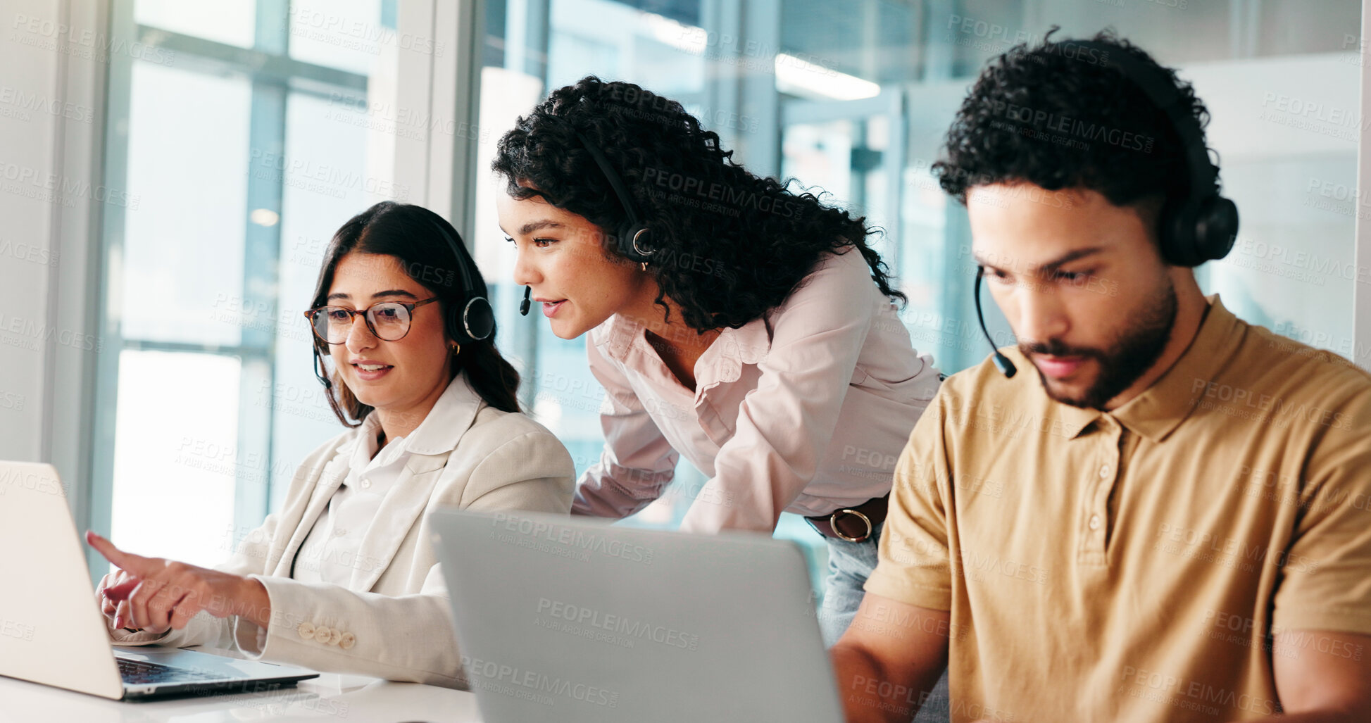 Buy stock photo Call center, manager and women with laptop, pointing and smile for lead generation on web or online. Help, coworkers and people with headset for sales, telemarketer and happy for advice in office