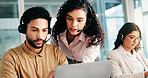 Laptop, call center and training team for help, technical assistance or IT advice with people. Computer, contact us and coaching intern for customer service, feedback or software support with manager