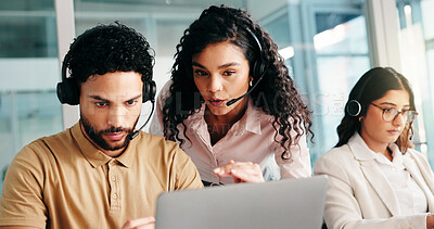 Buy stock photo Laptop, call center and coaching with mentor for telemarketing, feedback or advice with people. Computer, contact us and training intern for help, sales assistance and lead generation tips with team