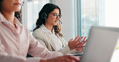 Buy stock photo Laptop, contact center and woman in office for customer service with call monitoring specialist. Computer, happy agent and communication for support, coworking or quality assurance for CRM compliance