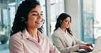 Smile, help and woman in contact center for customer service with call monitoring specialist. Headset, happy agent and communication for support, coworking or quality assurance for crm compliance