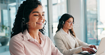 Buy stock photo Smile, help and woman in contact center for customer service with call monitoring specialist. Headset, happy agent and communication for support, coworking or quality assurance for crm compliance