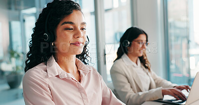 Buy stock photo Smile, support and woman in contact center for customer service with call monitoring specialist. Headset, happy agent and communication for help, coworking and quality assurance for crm compliance