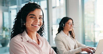 Buy stock photo Woman, call center and portrait with headset in office, telemarketing or sales in coworking space. Female consultant, outbound or contact us for lead generation, girl and colleague in workplace