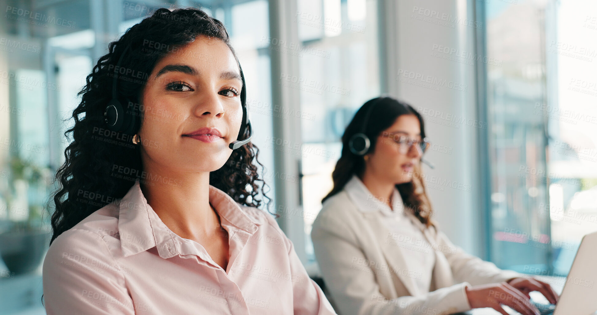 Buy stock photo Woman, call center and communication with portrait in office, telemarketing or sales in coworking space. Female consultant, outbound or contact us for lead generation, girl and colleague in workplace