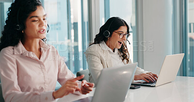 Buy stock photo Surprise, business and woman on laptop at call centre for good news, success and review of sales. Excited, agent and coworking with headset for telemarketing, online promotion and winner of company