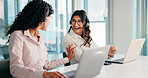 Call center, team and happy women talk for help, advice or multilingual support with laptop. Customer service, coworking and computer for assistance, language translation and feedback for crm email