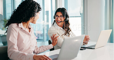 Buy stock photo Call center, team and happy women talk for help, advice or multilingual support with laptop. Customer service, coworking and computer for assistance, language translation and feedback for crm email
