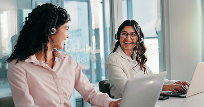 Buy stock photo Call center, team and happy women talk for customer service, IT advice or multilingual support. Contact us, coworking and agent with computer for software assistance or language translation on laptop