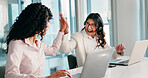 High five, laptop and call center agents in office with crm achievement, goal or target with teamwork. Happy, celebration and female customer service consultants with computer for online support.
